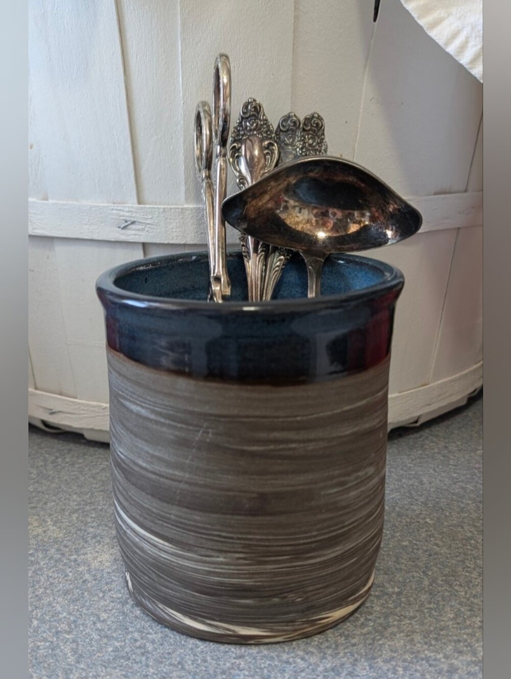 Studio Marbled Stoneware Vessel is fully glazed & is a rich blue-teal rutile